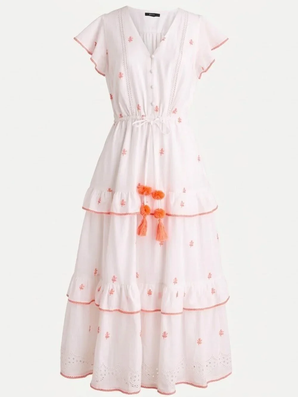 NWT J.Crew Embroidered Midi in White Cotton Voile Tiered Dress 10 $158